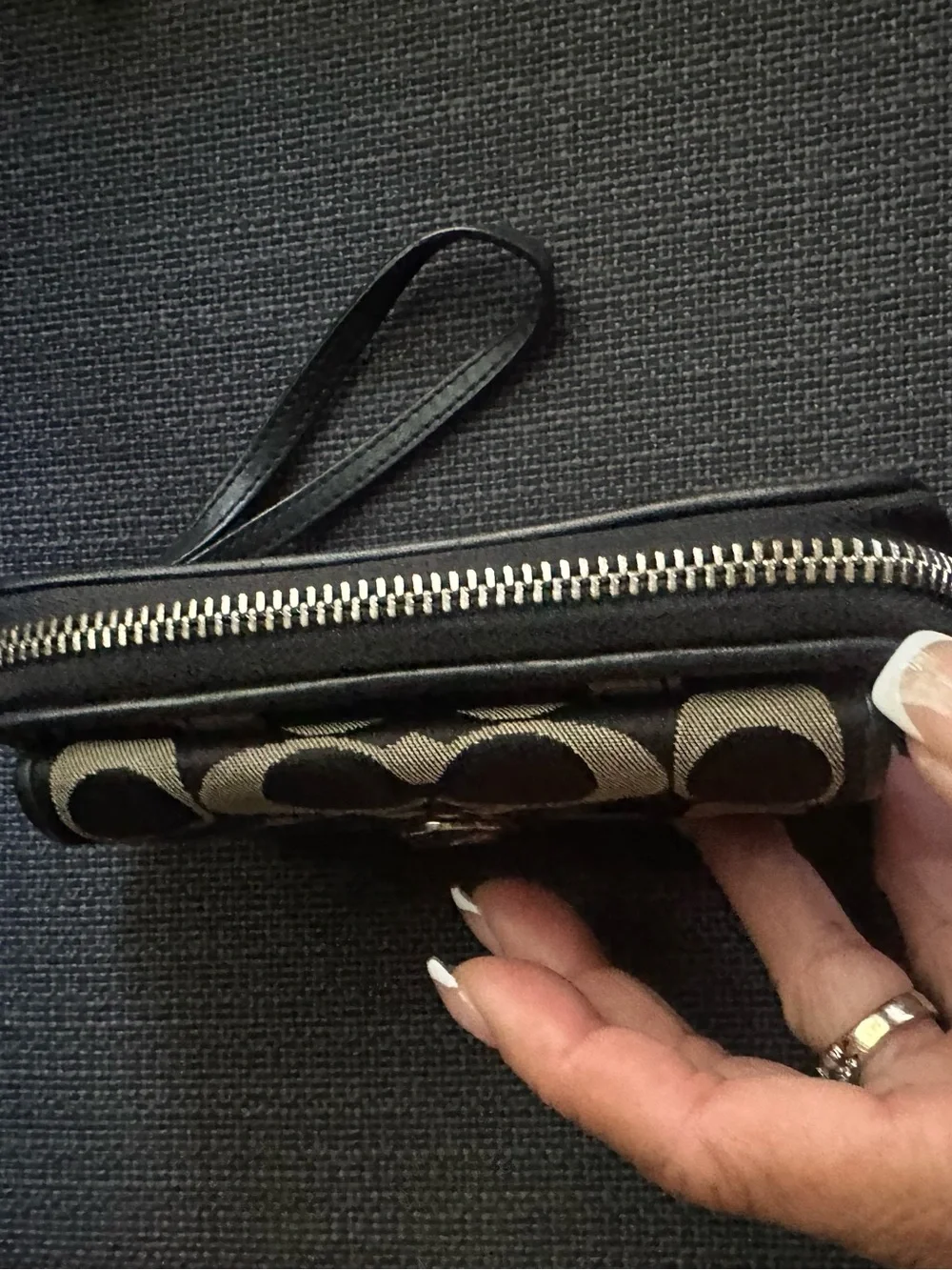 Coach Black and Silver Signature Jacquard Wristlet with Key Ring